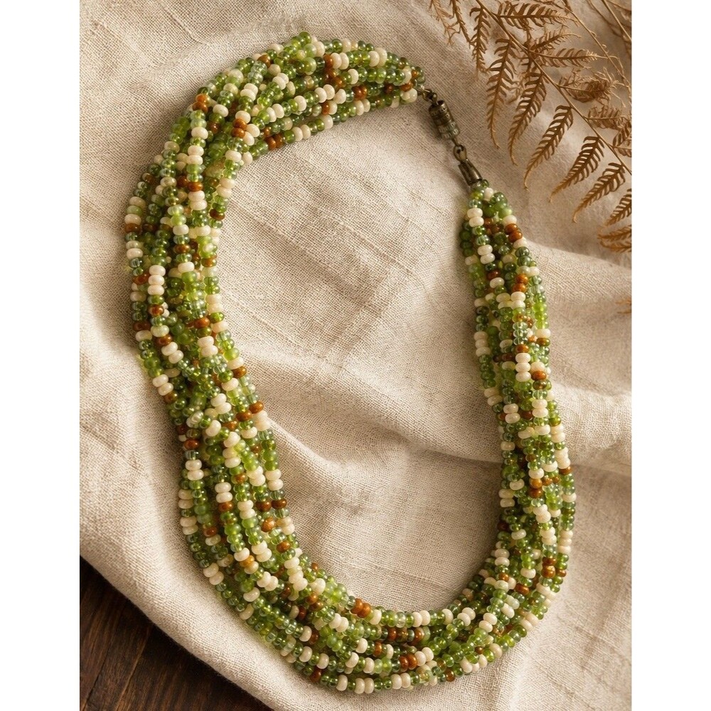 Vintage 1970s Glass Seed Bead Torsade Necklace Green Multi Strand Boho 18”